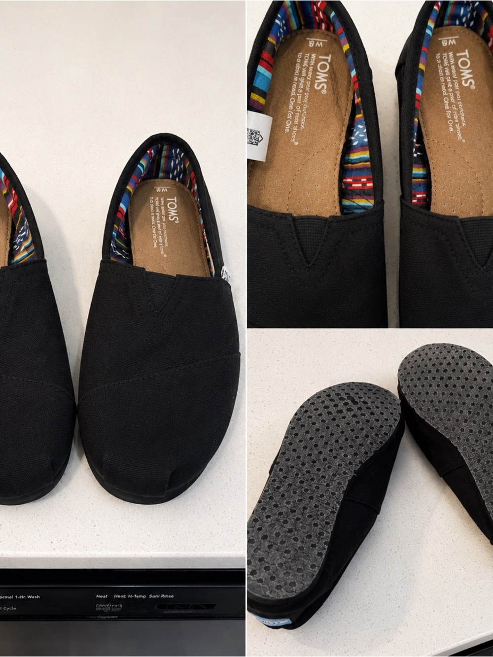 Toms Black Canvas Slip-Ons with Multicolor Striped Lining